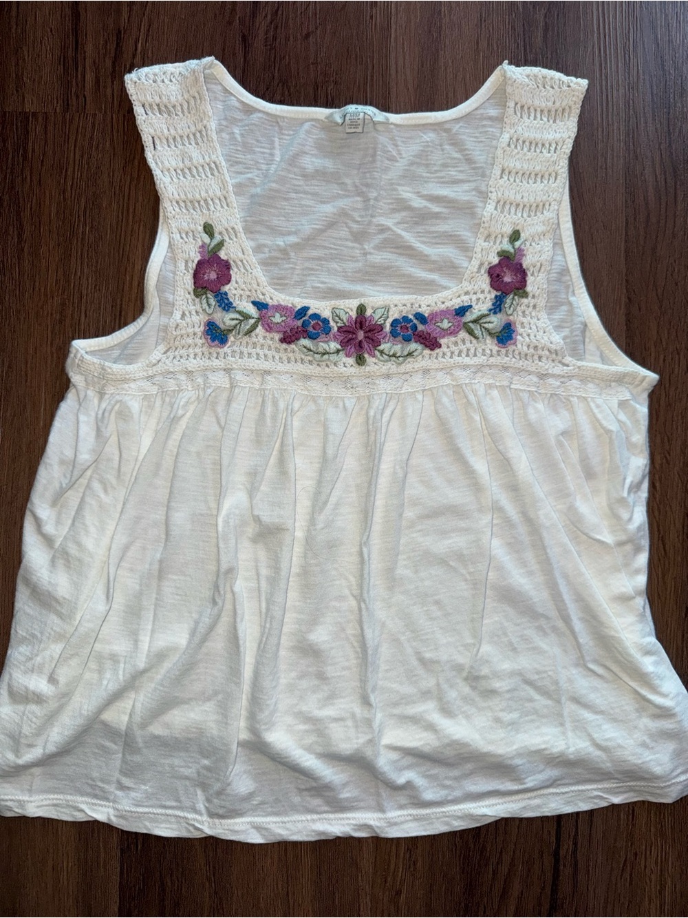 Lucky Brand White Tank with Purple, Blue & Green Floral Embroidery